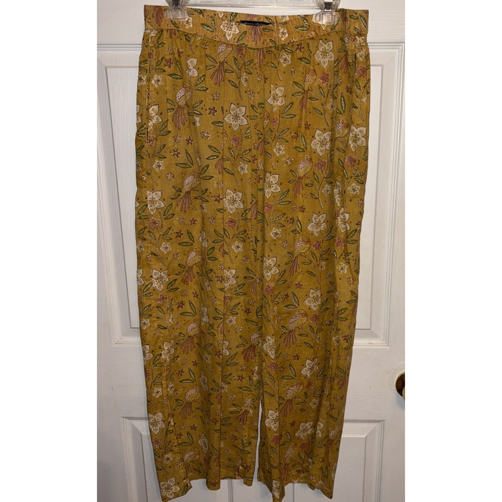 Gudrun Sjoden L Wide Leg Pants Bird & Floral Print Crop Pockets Cotton Pull On